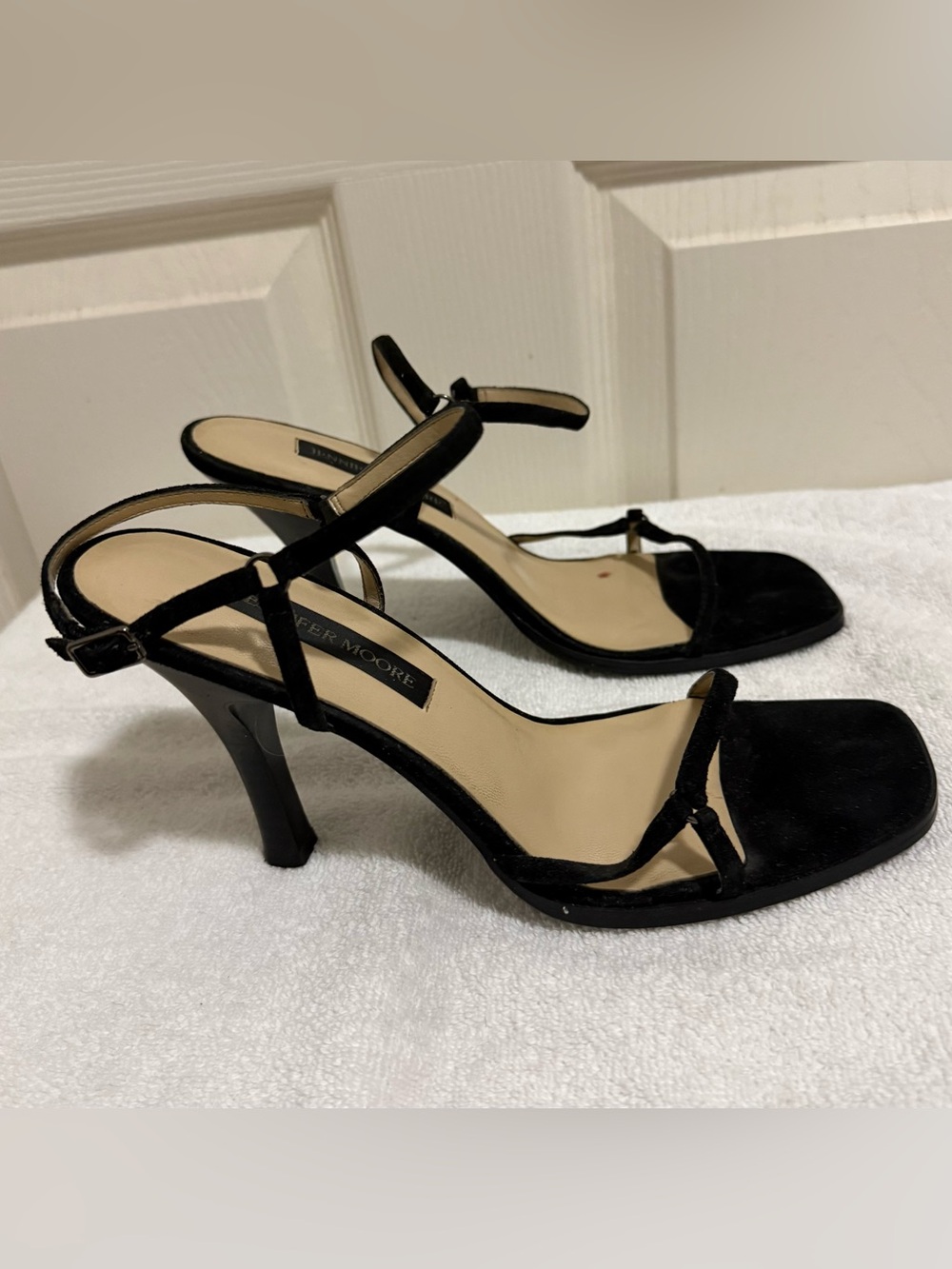 Jennifer Moore Black Suede T-Strap Heels